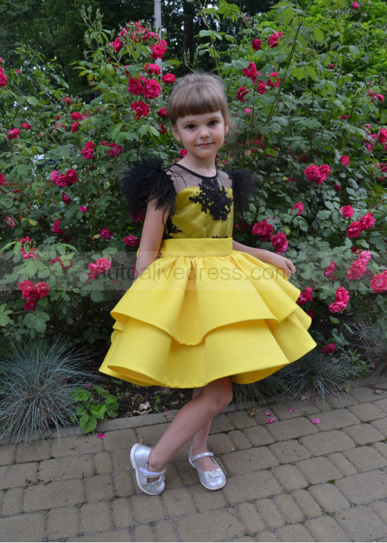 Yellow And Black Unique Flower Girl Dress